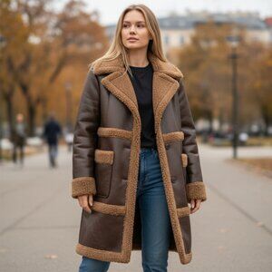 NWT Bearpaw Sherpa Mixed Media Long Jacket Coat Pockets Chocolate Brown